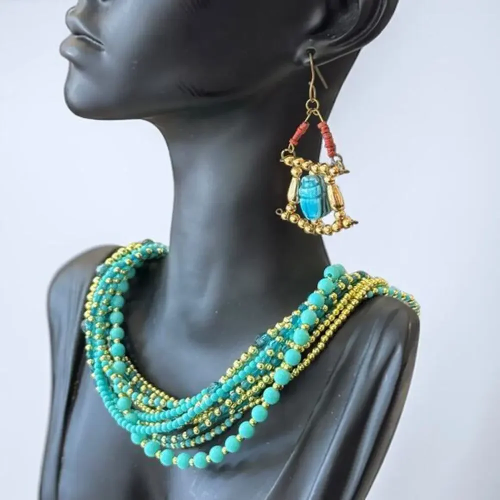 Vintage Multi-Strand Turquoise & Gold Tone Bead Necklace Hanging Scarab Earrings